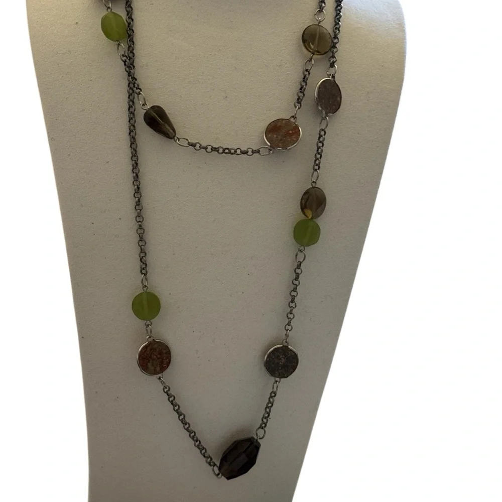 Express Multi-Color Double Antiqued Silver Chain and Natural Beads Necklace